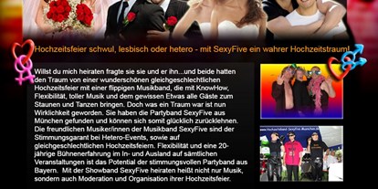 Hochzeitsmusik - Besetzung (mögl. Instrumente): Percussion - Oberbayern - Gerne auch für gleichgeschlechtliche Hochzeitsfeiern mit top Show, Stimmung und Moderation. - SexyFive 